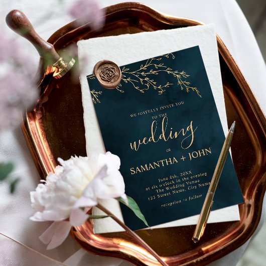 Emerald Green en Gold Botanical Elegant Wedding Kaart