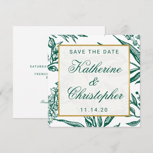 Emerald Green en Gold Botanical Save the Date (Voorkant / Achterkant)