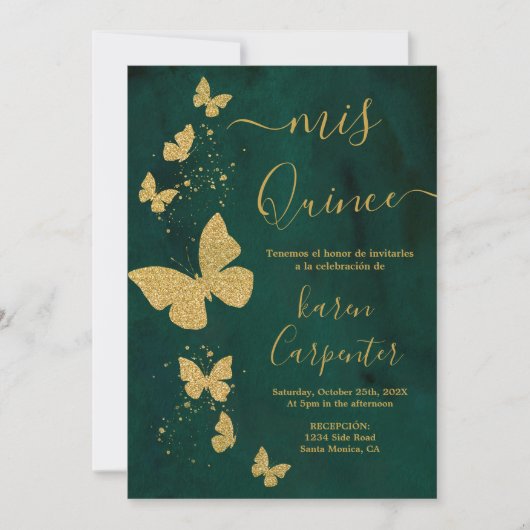 Emerald Green en Gold Butterfly Quinceanera Kaart (Voorkant)