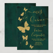 Emerald Green en Gold Butterfly Quinceanera Kaart (Voorkant / Achterkant)
