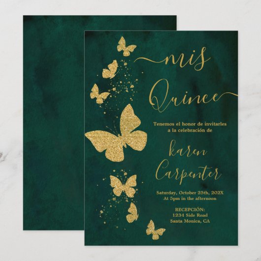 Emerald Green en Gold Butterfly Quinceanera Kaart (Voorkant / Achterkant)