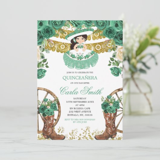 Emerald Green en Gold Charra Mis Quince Kaart (Staand voorkant)