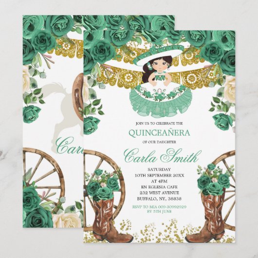 Emerald Green en Gold Charra Mis Quince Kaart (Voorkant / Achterkant)