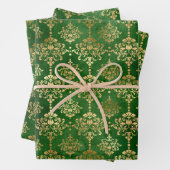 Emerald Green en Gold Damask Kerstmis Inpakpapier Vel (In situ)