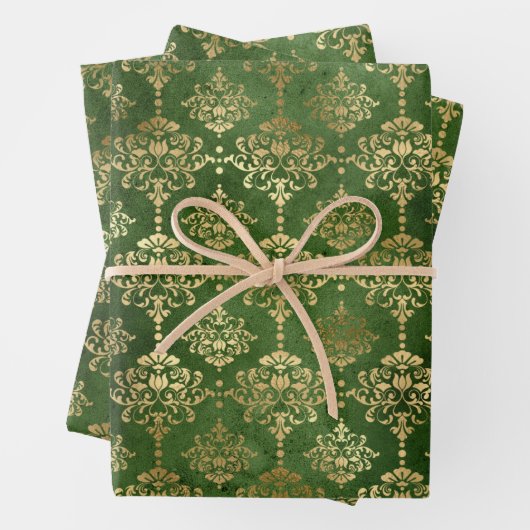 Emerald Green en Gold Damask Kerstmis Inpakpapier Vel (In situ)