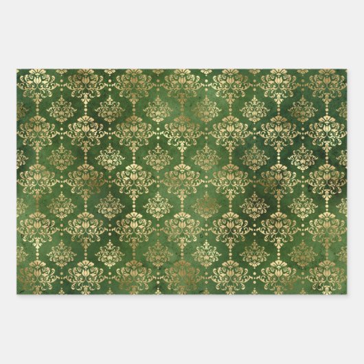 Emerald Green en Gold Damask Kerstmis Inpakpapier Vel (Voorkant)