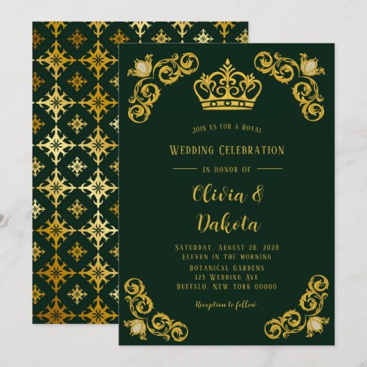 Emerald Green en Gold Damask Royal Wedding Kaart (Voorkant / Achterkant)