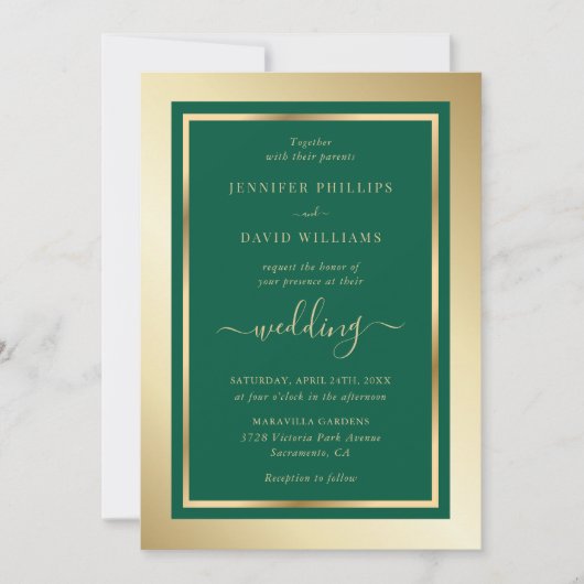 Emerald Green en Gold Elegant Script Wedding Kaart (Voorkant)