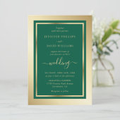Emerald Green en Gold Elegant Script Wedding Kaart (Staand voorkant)