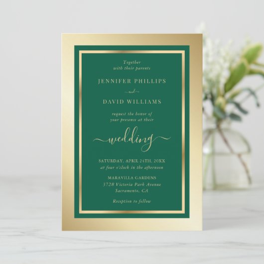Emerald Green en Gold Elegant Script Wedding Kaart (Staand voorkant)