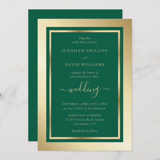 Emerald Green en Gold Elegant Script Wedding Kaart (Voorkant / Achterkant)