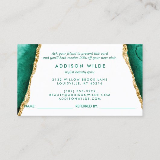 Emerald Green en Gold Elegante Waterverf Aanbevelingskaartje (Achterkant)