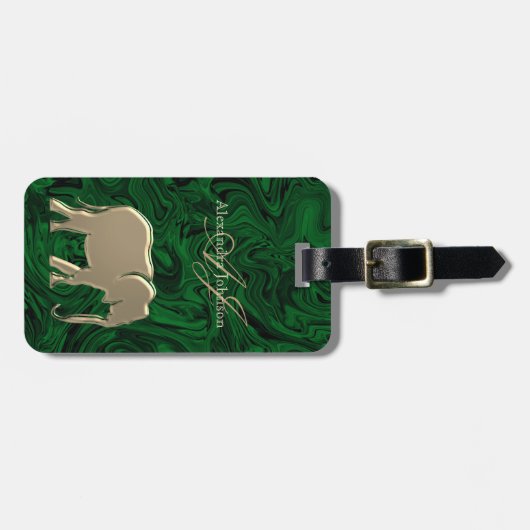 Emerald Green en Gold Elephant Monogrammed Bagagelabel (Voorkant horizontaal)