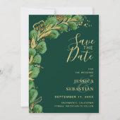 Emerald Green en Gold Eucalyptus Elegant Save The Date (Voorkant)