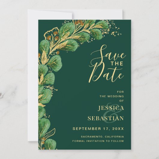 Emerald Green en Gold Eucalyptus Elegant Save The Date (Voorkant)