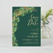 Emerald Green en Gold Eucalyptus Elegant Save The Date (Staand voorkant)