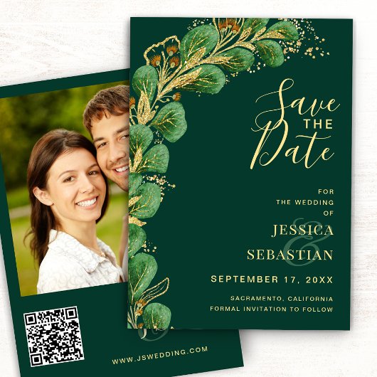 Emerald Green en Gold Eucalyptus Elegant Save The Date