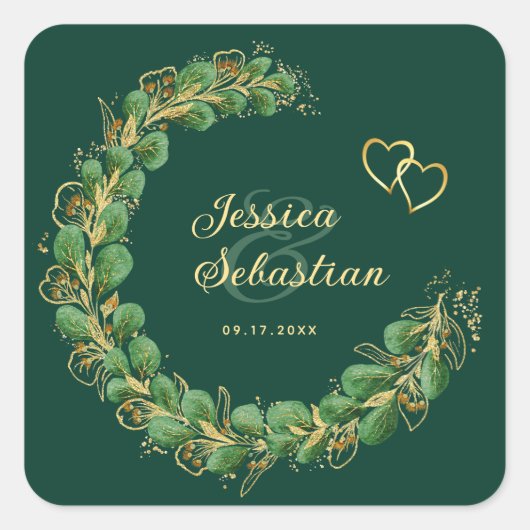 Emerald Green en Gold Eucalyptus Wedding Vierkante Sticker (Voorkant)