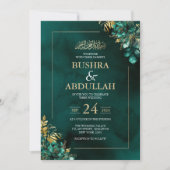 Emerald Green en Gold Floral Islamitische bruiloft Kaart (Voorkant)