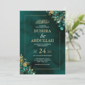Emerald Green en Gold Floral Islamitische bruiloft Kaart (Staand voorkant)