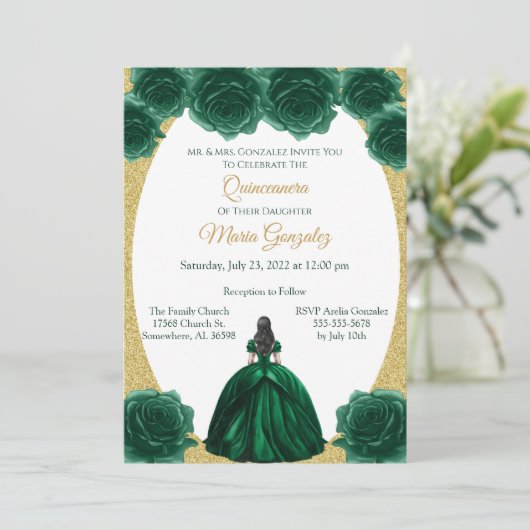 Emerald Green en Gold Floral Quinceanera Kaart (Staand voorkant)