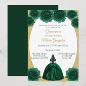 Emerald Green en Gold Floral Quinceanera Kaart (Voorkant / Achterkant)