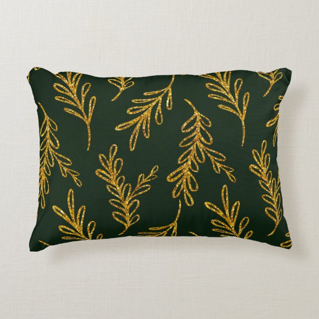 Emerald Green en Gold Floral Sprig Lumbar Accent Kussen (Voorkant)
