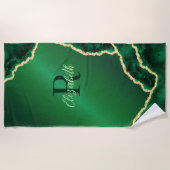 Emerald Green en Gold Geode Elegant Monogrammed Strandlaken (Voorkant)