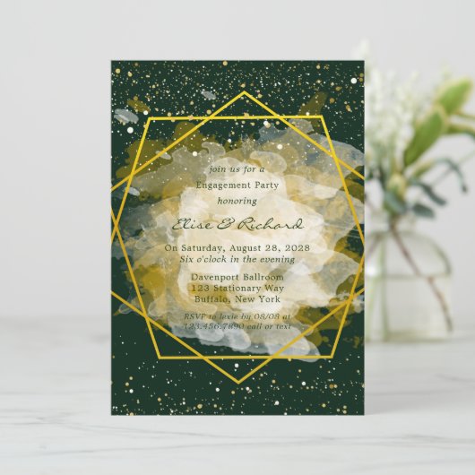 Emerald Green en Gold Geometric Engagement Party Kaart (Staand voorkant)