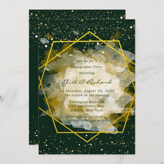 Emerald Green en Gold Geometric Engagement Party Kaart (Voorkant / Achterkant)