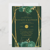 Emerald Green en Gold Geometric Floral Wedding Kaart (Voorkant)