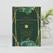 Emerald Green en Gold Geometric Floral Wedding Kaart (Staand voorkant)