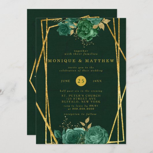 Emerald Green en Gold Geometric Floral Wedding Kaart (Voorkant / Achterkant)