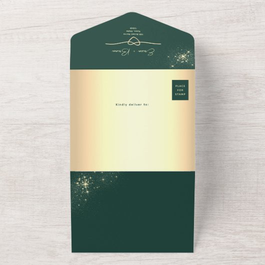 Emerald Green en Gold Glitter bruiloft All In One Uitnodiging (Buitenkant)