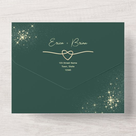 Emerald Green en Gold Glitter bruiloft All In One Uitnodiging (Achterkant)