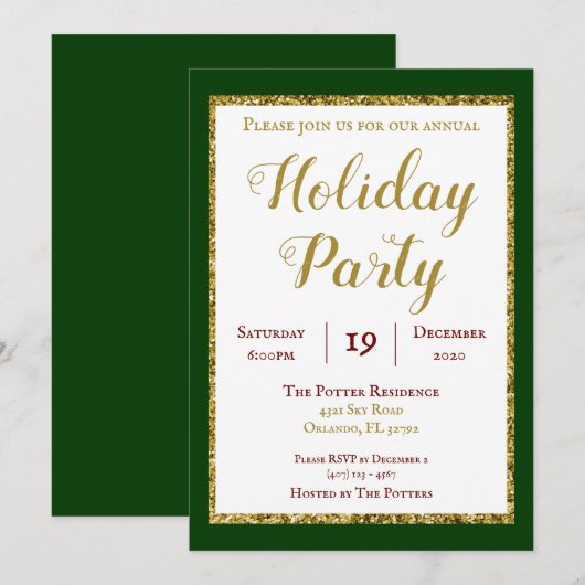 Emerald Green en Gold Glitter Holiday Party Kaart (Voorkant / Achterkant)