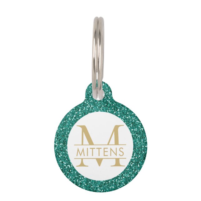 Emerald Green en Gold Glitter Sparkly Monogram Huisdierpenning (Voorkant)