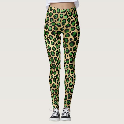 Emerald Green en Gold Leopard Print Leggings (Voorkant)