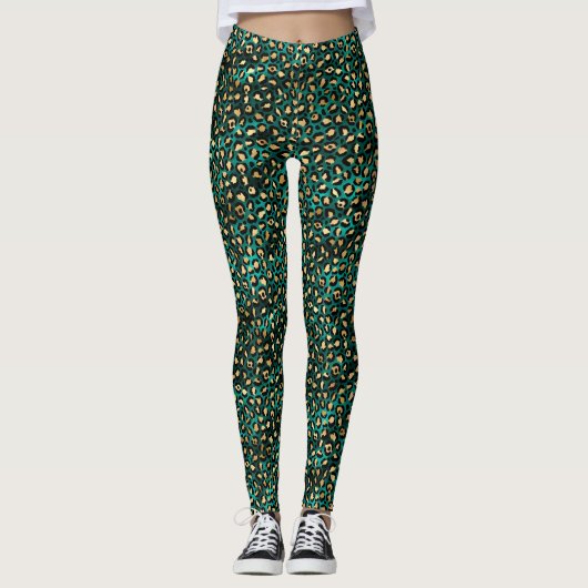 Emerald Green en Gold Leopard Print Leggings (Voorkant)