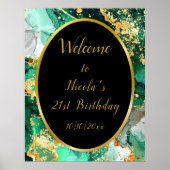 Emerald Green en Gold Marble Agate Verjaardagsfees Poster (Voorkant)