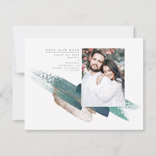 Emerald Green en Gold Modern Bewaar de datumfoto Save The Date (Voorkant)