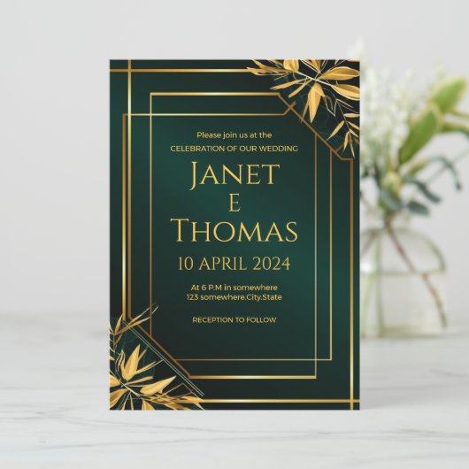 Emerald Green en Gold Modern Invitation. Kaart (Staand voorkant)