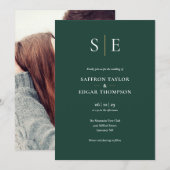 Emerald Green en Gold Monogram Fotobruiloft Kaart (Voorkant / Achterkant)