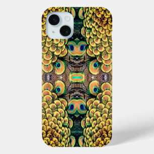 Emerald Green en Gold Peacock Feathers iPhone 15 Mini Hoesje