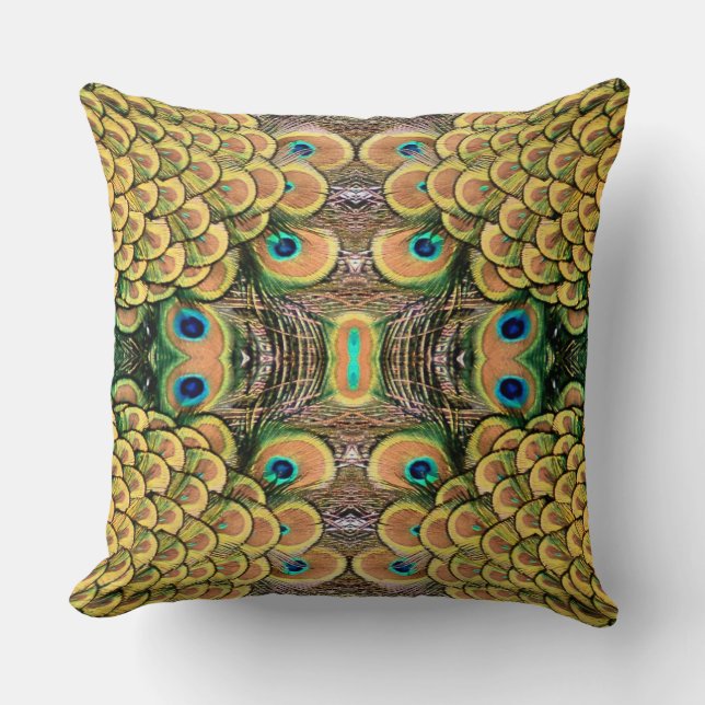 Emerald Green en Gold Peacock Feathers Kussen (Voorkant)