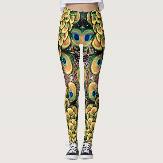 Emerald Green en Gold Peacock Feathers Leggings (Voorkant)