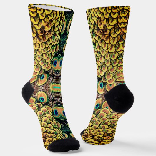 Emerald Green en Gold Peacock Feathers Sokken (Gebogen)