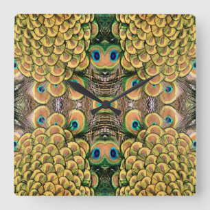 Emerald Green en Gold Peacock Feathers Vierkante Klok
