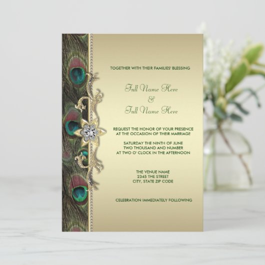 Emerald Green en Gold Peacock Wedding Kaart (Staand voorkant)