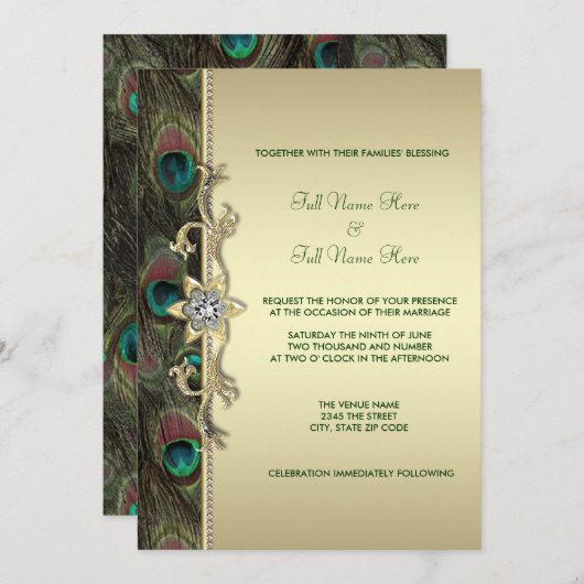Emerald Green en Gold Peacock Wedding Kaart (Voorkant / Achterkant)